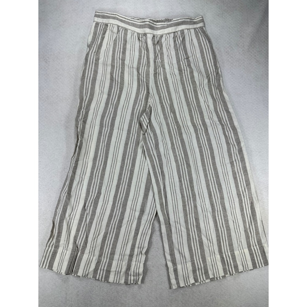 Lou & Grey for LOFT Women L Tan White Striped Wide Leg 100% Linen Pants Relaxed